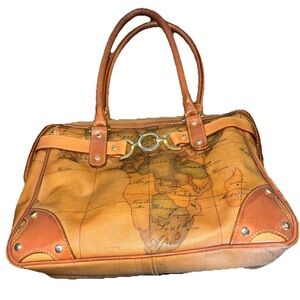 ALVIERO MARTINI 1A CLASSE  Geo Print Leather Handbag Purse Shoulder Bag Map